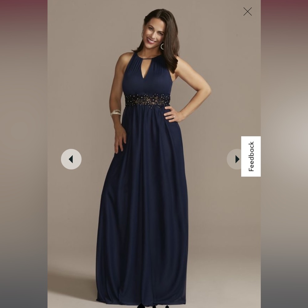 David’s Bridal DB Studio high-neck chiffon gown with keyholes

STYLE# D21NY2100